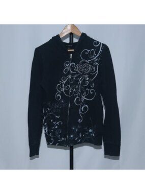 FANG Womens Graphic Y2K Long Sleeve Hoodie Black White Embroidered Rose Size L
